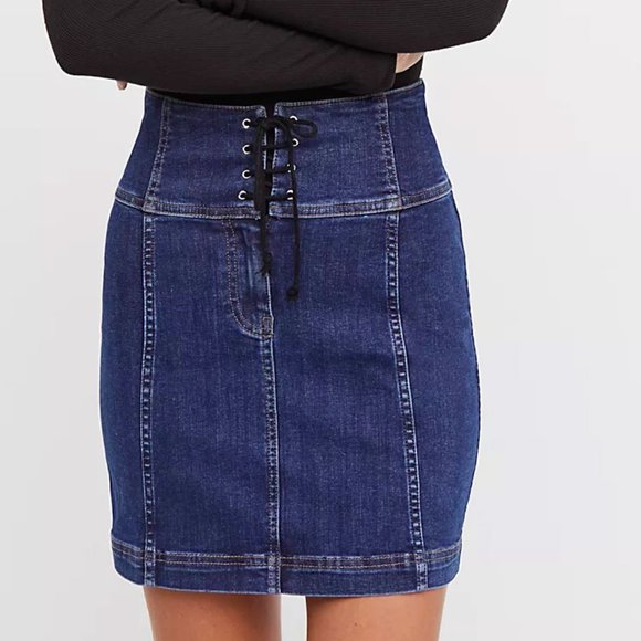 Free People Dresses & Skirts - Free People Modern Femme Corset Jean Skirt Mini Denim Lace-Up Blue Size 6 New